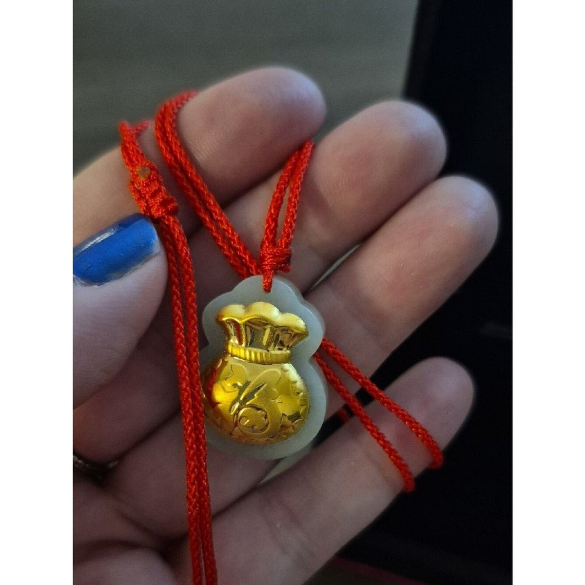 Good Luck Charm Gold Money Bag Hetian Jade Pendant Red Cord 16"