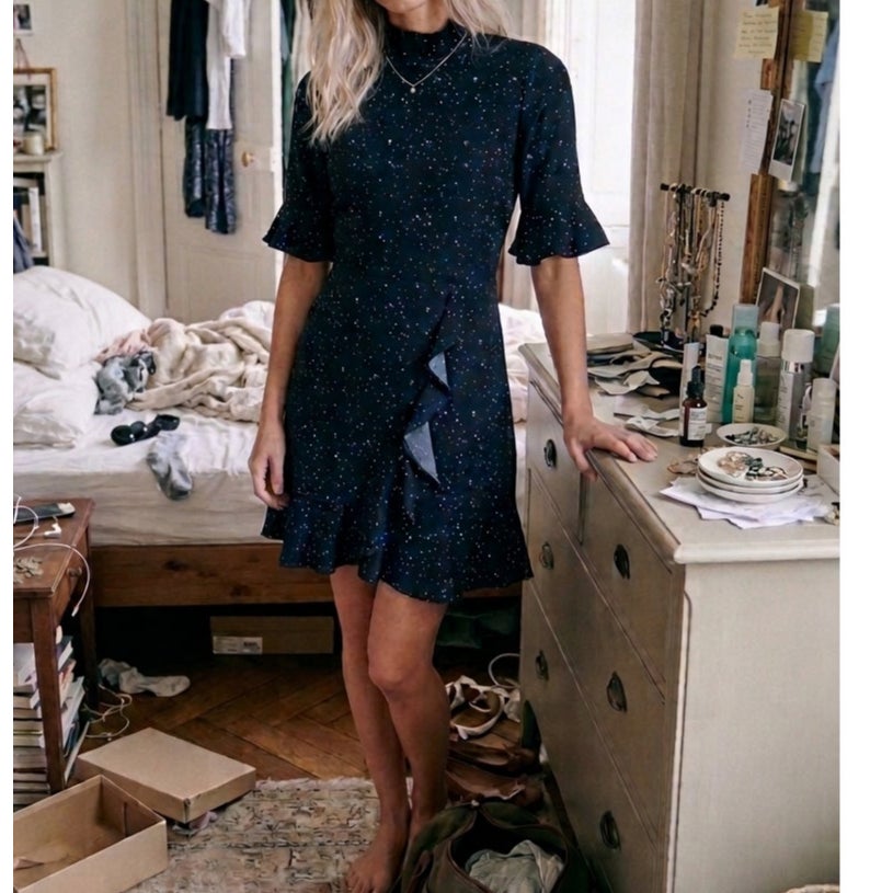 SUGAR+LIPS Star Dotted Ruffled Black Short Sleeve Dress Large (Jr.)