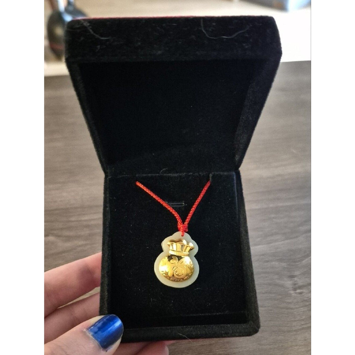 Good Luck Charm Gold Money Bag Hetian Jade Pendant Red Cord 16"
