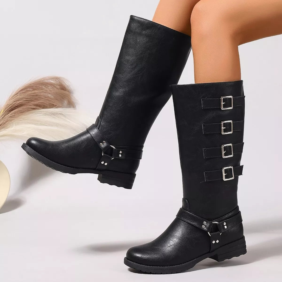 4_strap_buckle_flat_mid_calf_boot_black_1