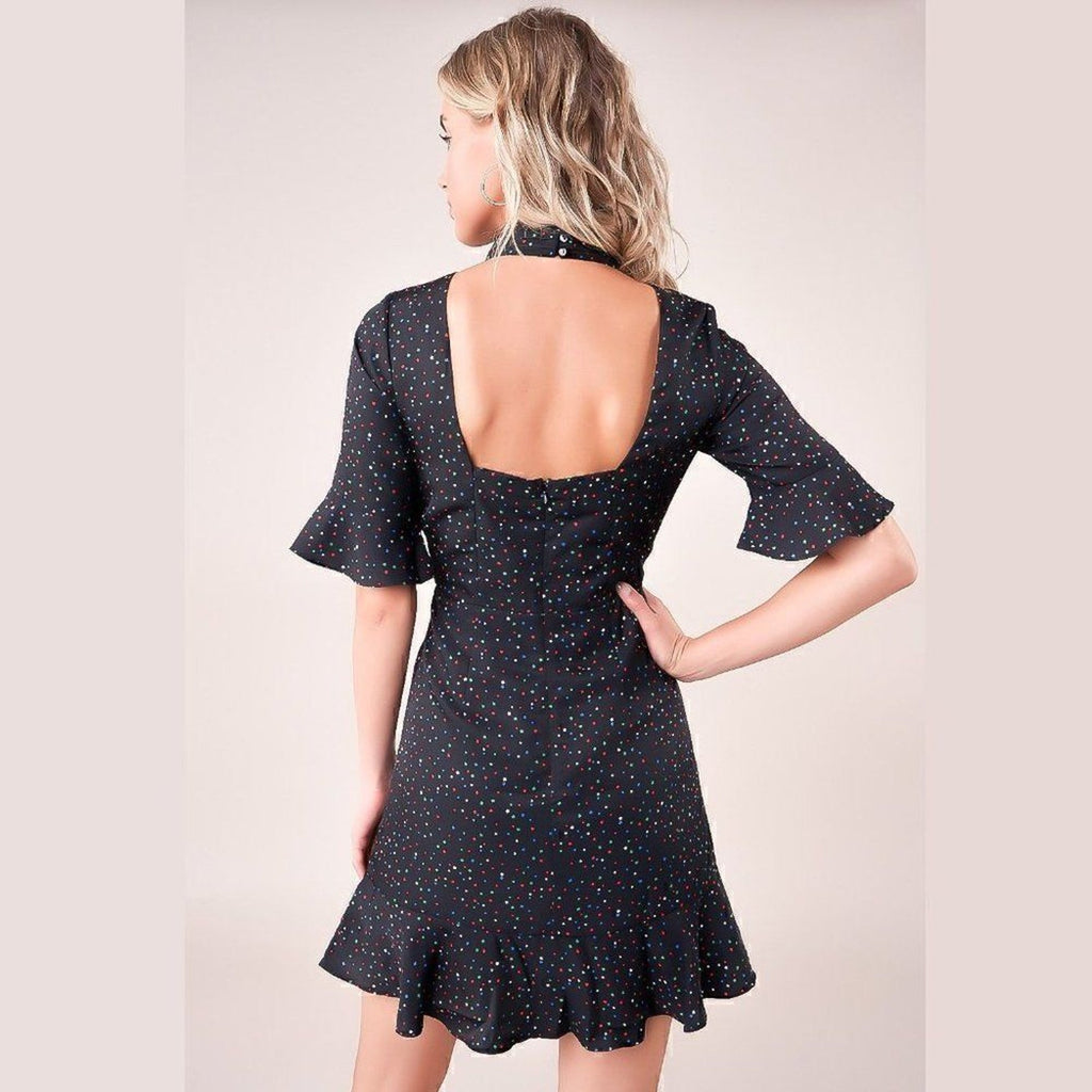 SUGAR+LIPS Star Dotted Ruffled Black Short Sleeve Dress Large (Jr.)