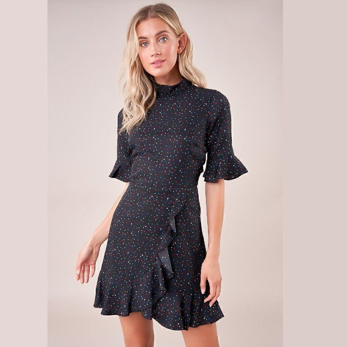 SUGAR+LIPS Star Dotted Ruffled Black Short Sleeve Dress Large (Jr.)