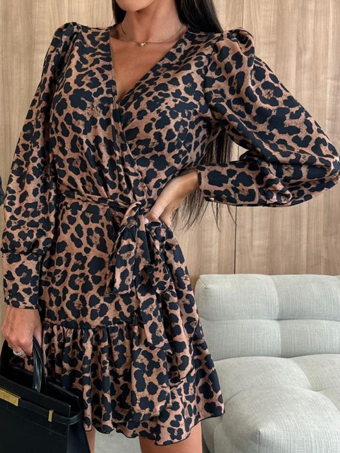 Bohemian Sexy Tied Leopard Surplice Long Sleeve Dress