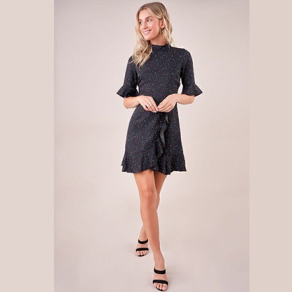 SUGAR+LIPS Star Dotted Ruffled Black Short Sleeve Dress Large (Jr.)
