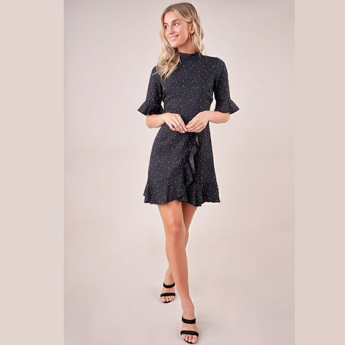 SUGAR+LIPS Star Dotted Ruffled Black Short Sleeve Dress Large (Jr.)