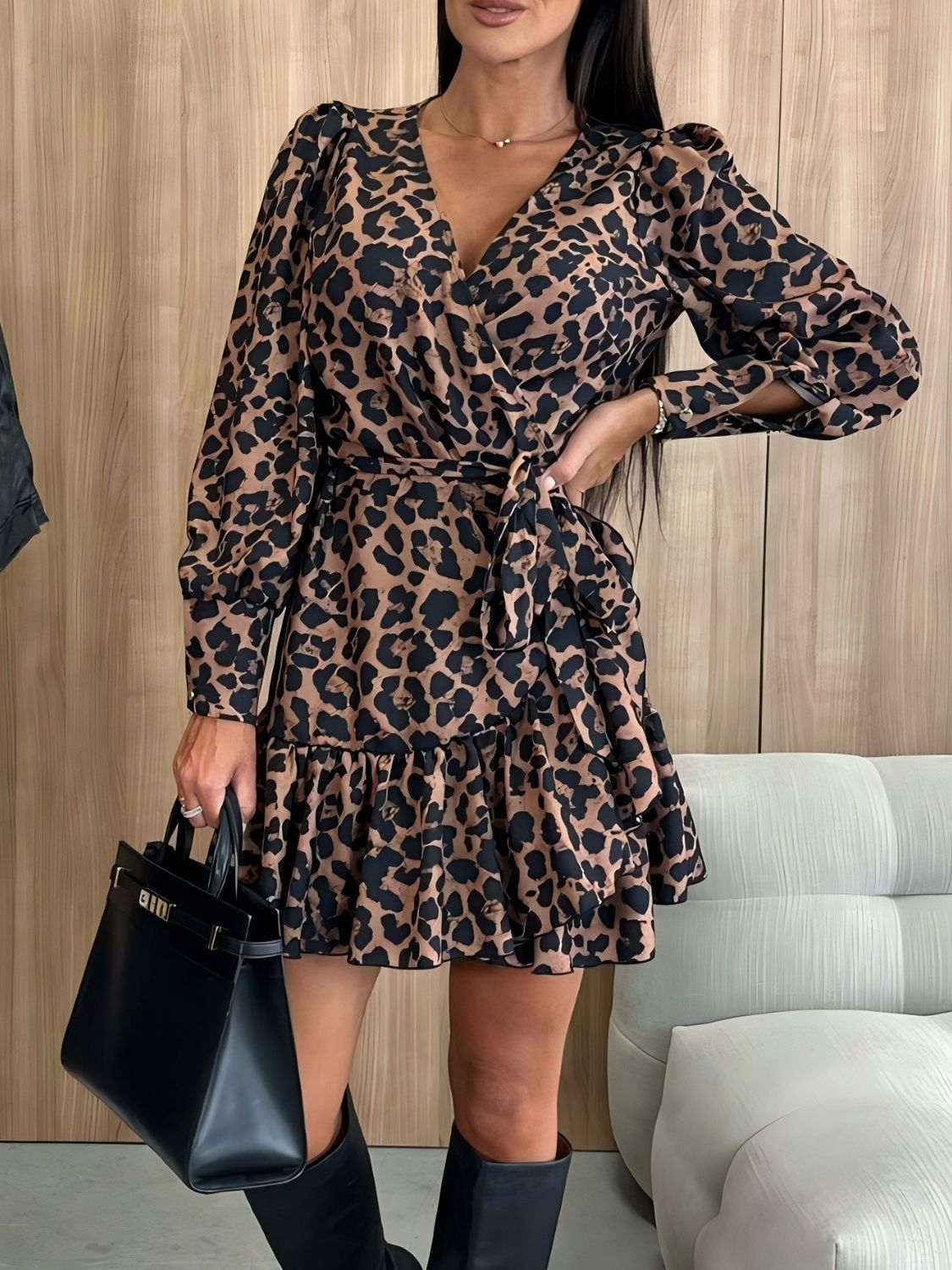 Bohemian Sexy Tied Leopard Surplice Long Sleeve Dress