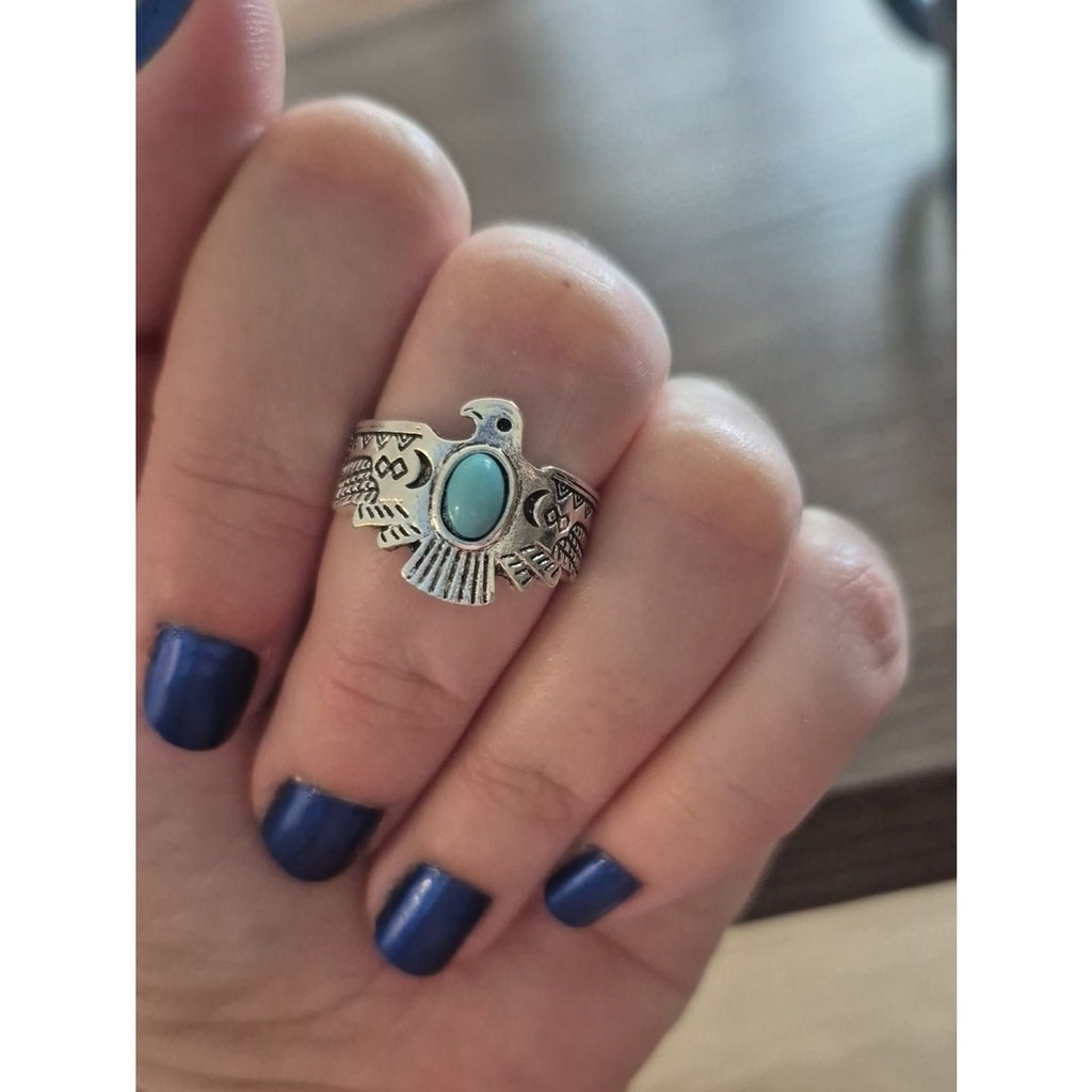 Turquoise Style Round Stone Center Eagle Western Ring - Sz 6.5