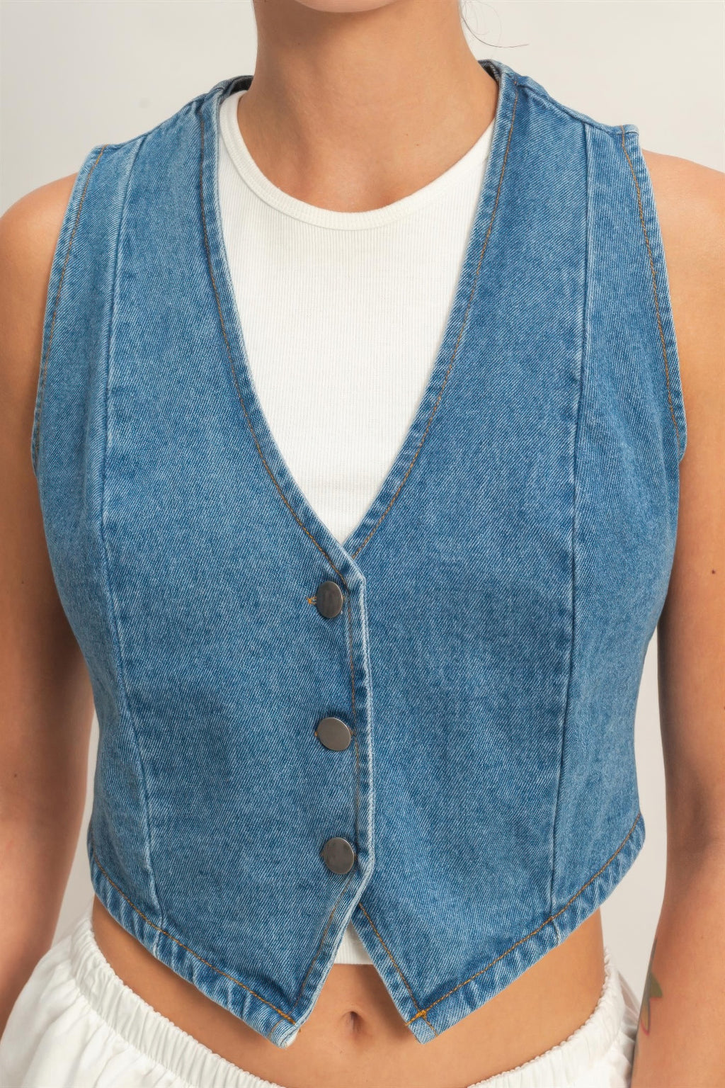 Y2K Style Cropped Denim Vest Top Button Up V-Neck Jean Tank Sleeveless Jacket 4