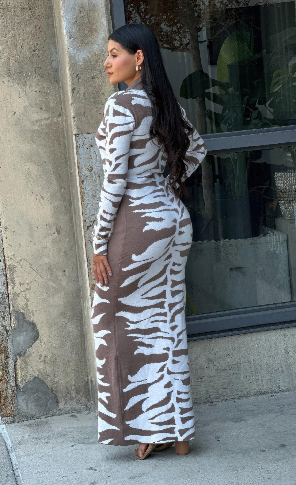floral vines abstract blue and taupe maxi pencil dress 10
