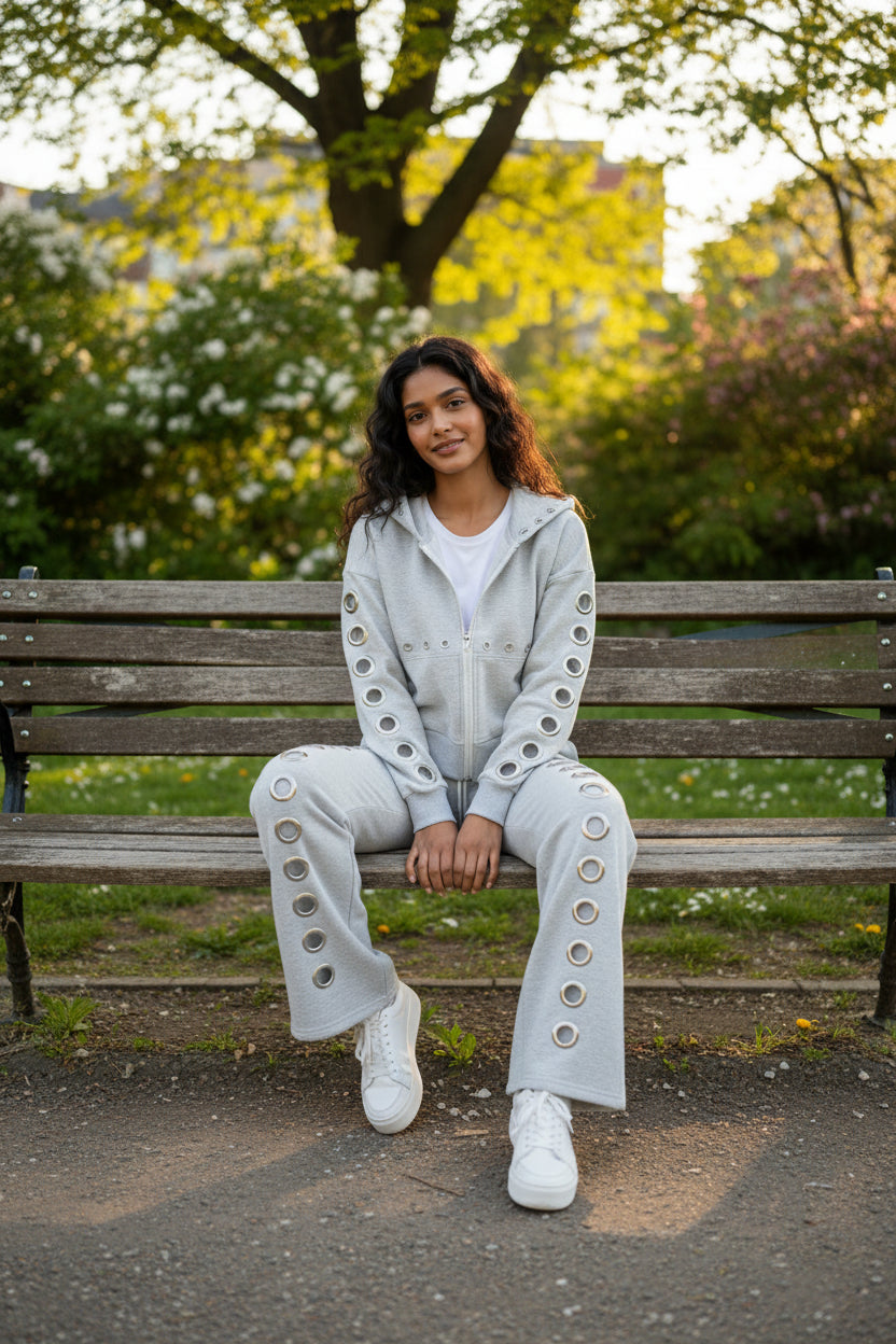 Grey Lounge Set wide leg pant and zip up hoodie