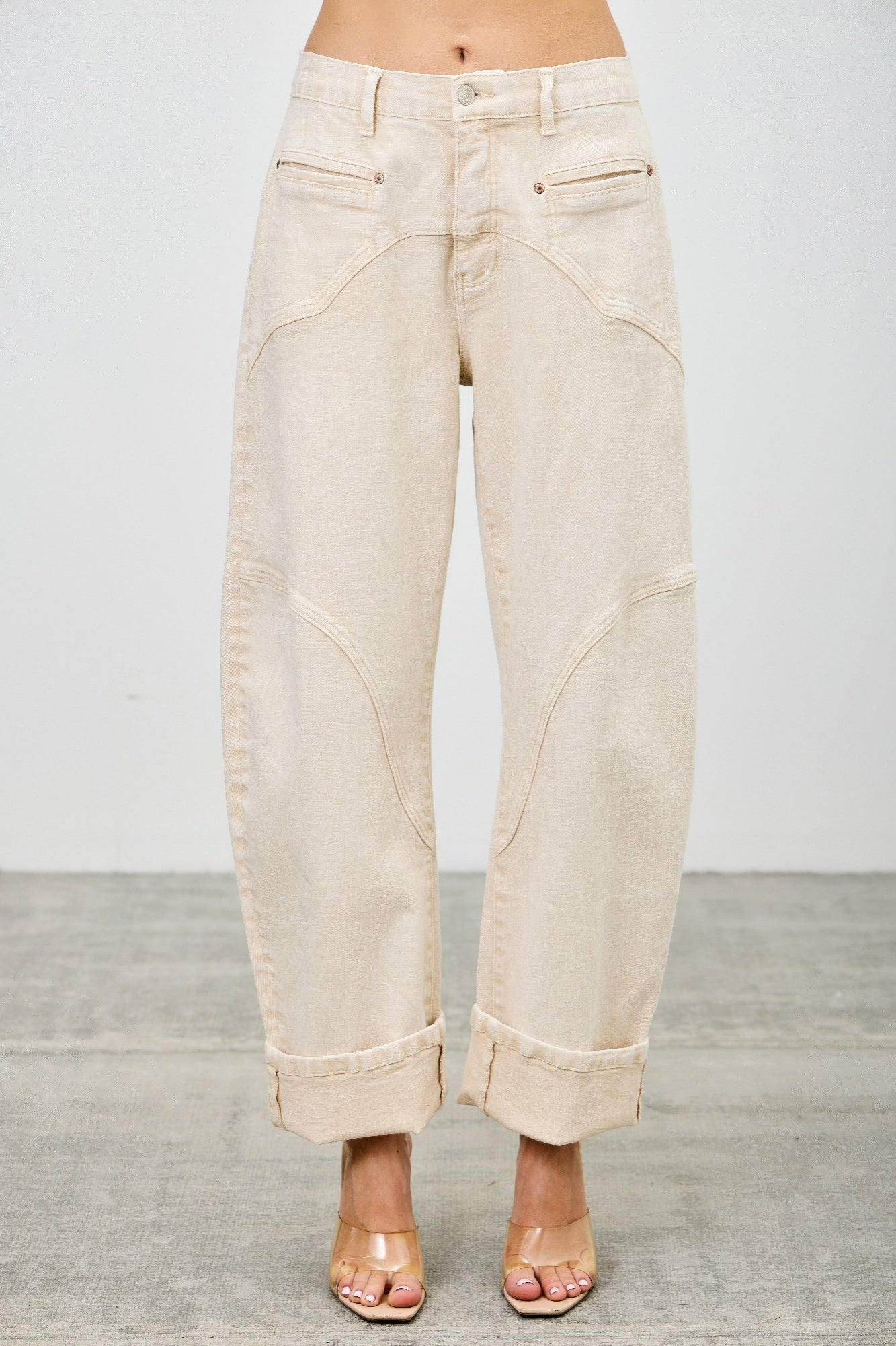 High rise zipper pocket barrel jeans cream color 1
