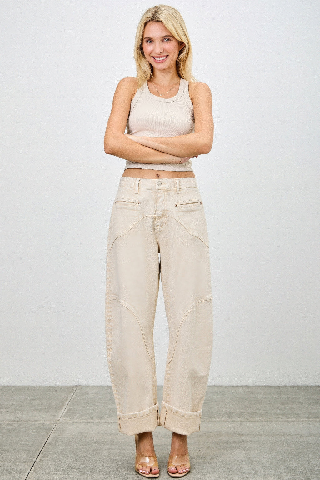 High rise zipper pocket barrel jeans cream color 2