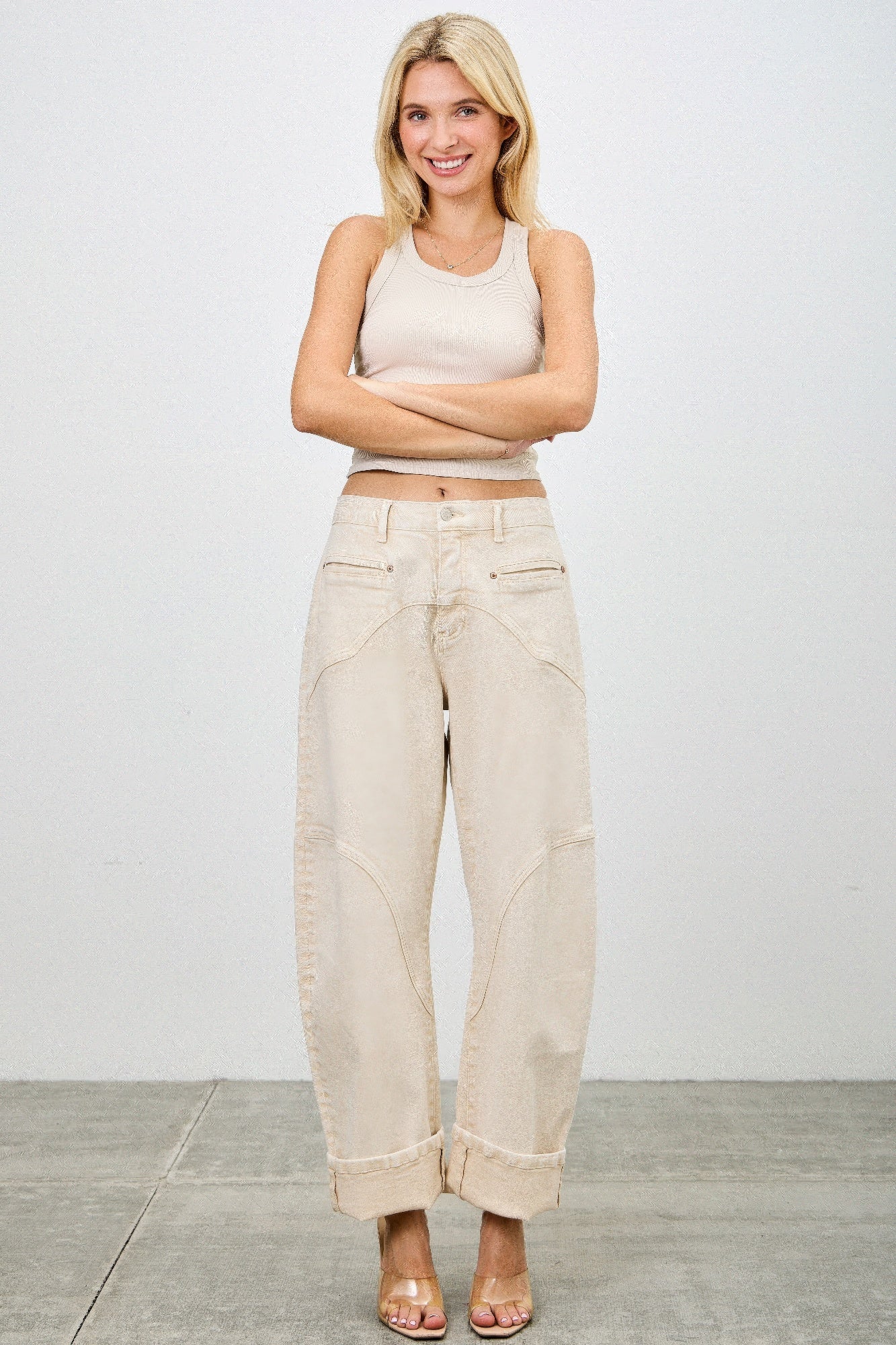 High rise zipper pocket barrel jeans cream color 2