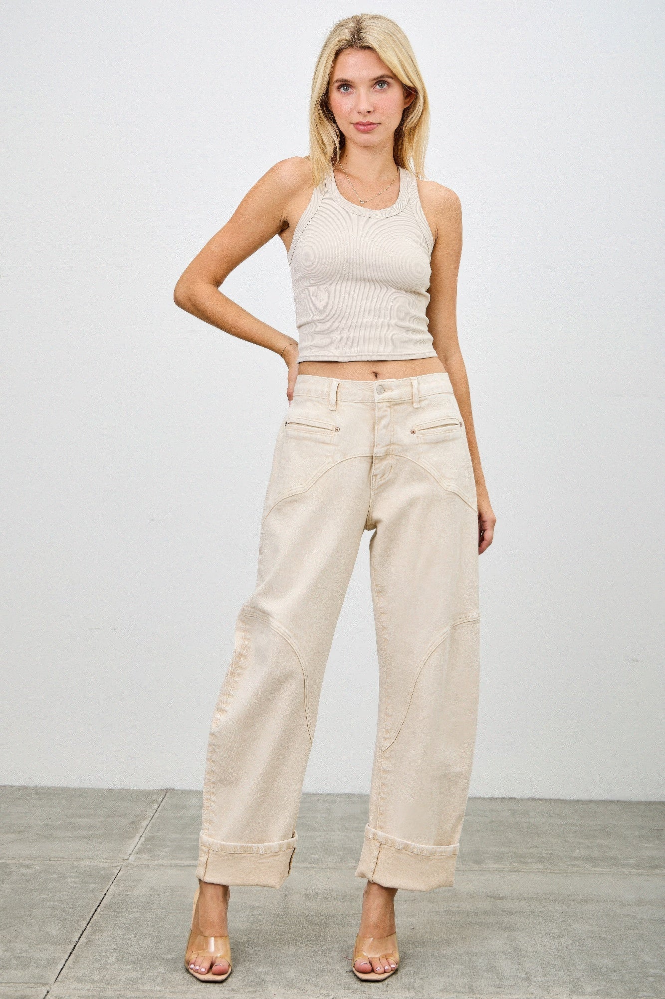 High rise zipper pocket barrel jeans cream color 3