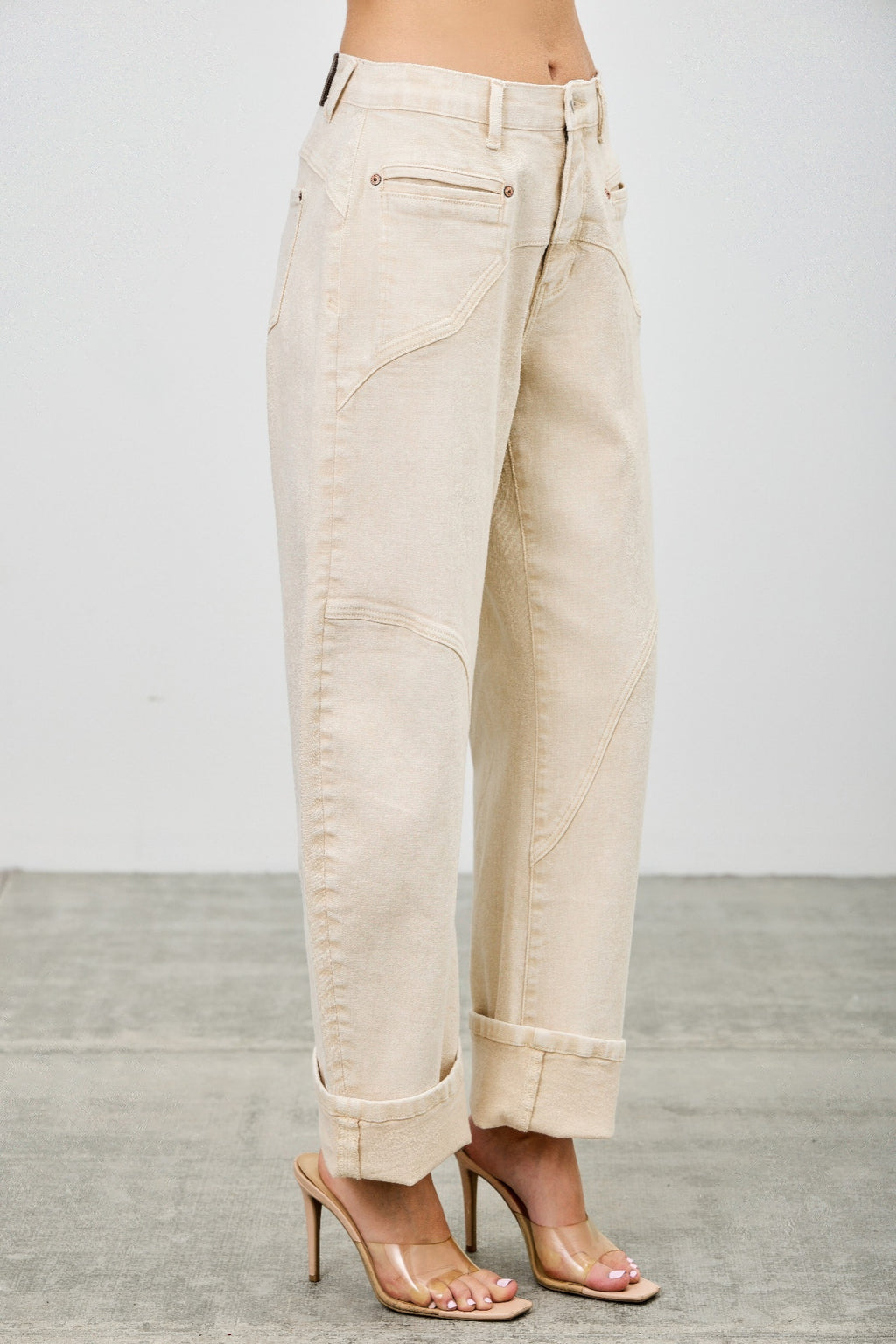High rise zipper pocket barrel jeans cream color 6