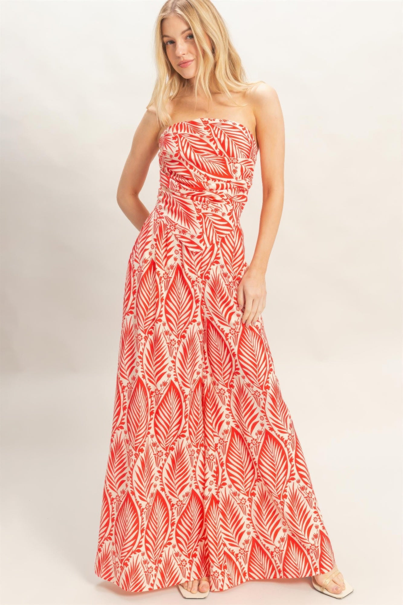 Hyfve Tropical Leave Tube Top Pant Set Wide Leg  Orange and white 2
