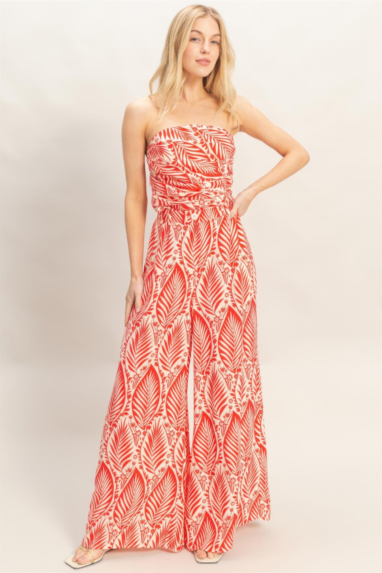 Hyfve Tropical Leave Tube Top Pant Set Wide Leg  Orange and white 3