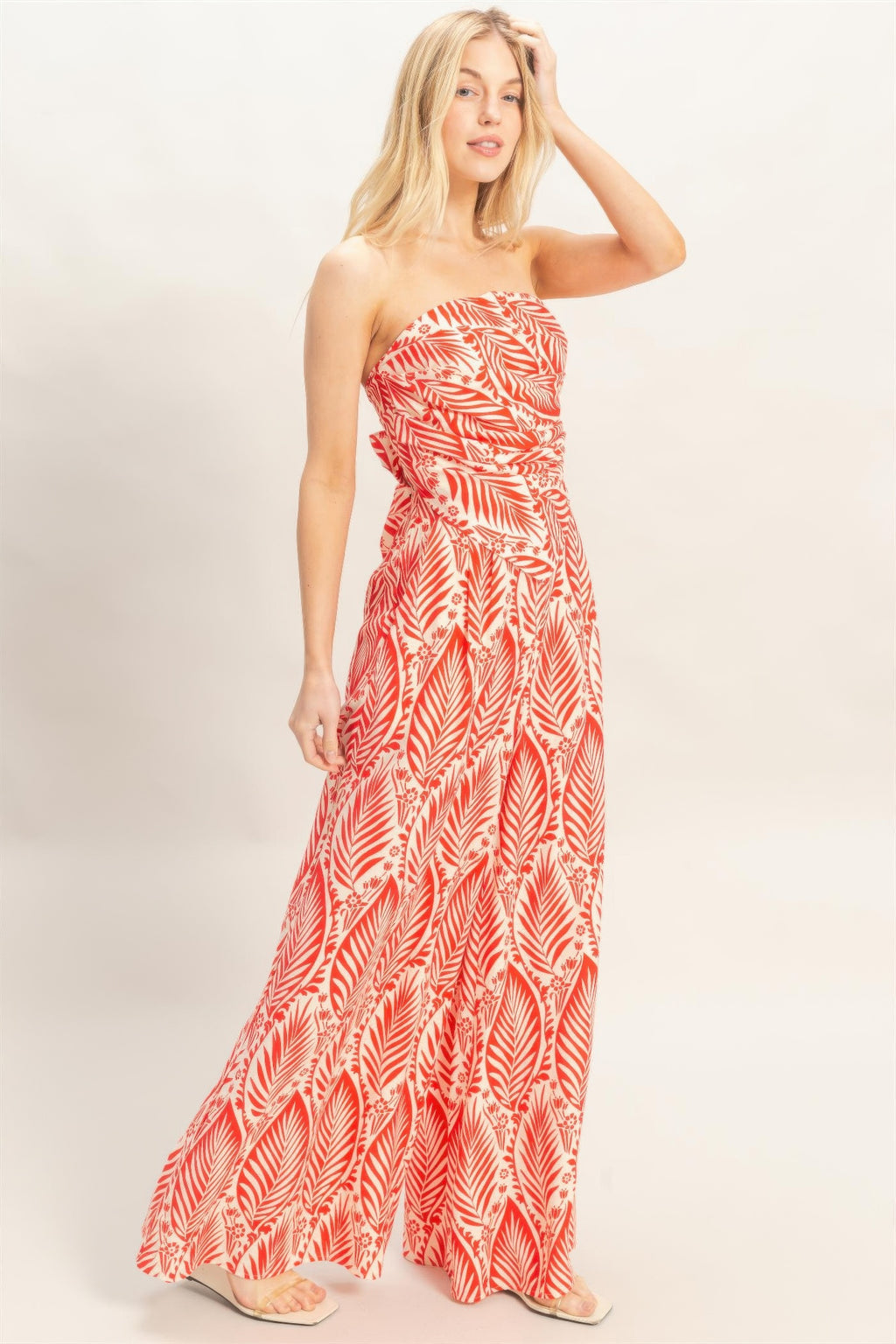 Hyfve Tropical Leave Tube Top Pant Set Wide Leg  Orange and white 4