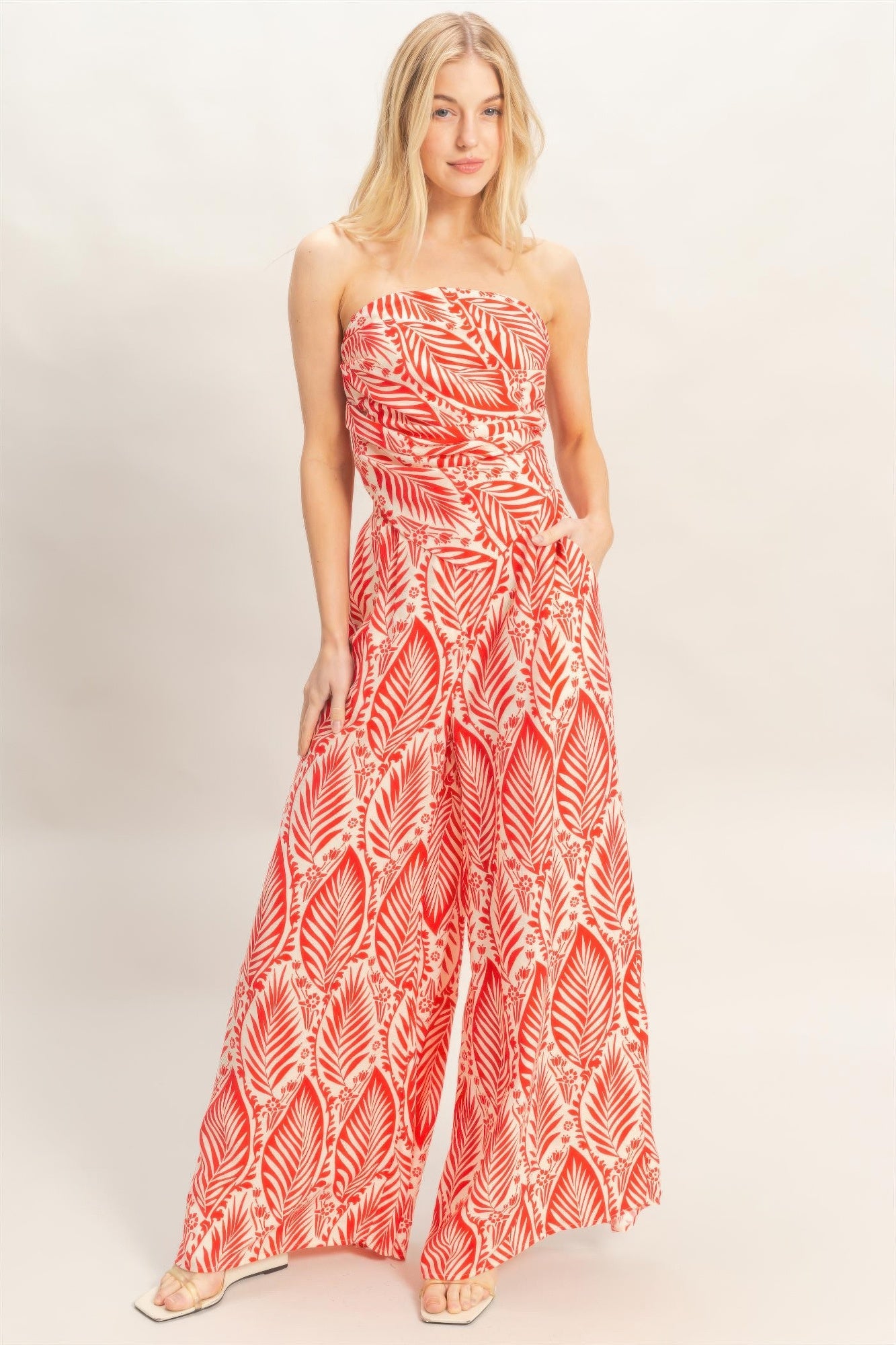 Hyfve Tropical Leave Tube Top Pant Set Wide Leg  Orange and white 1
