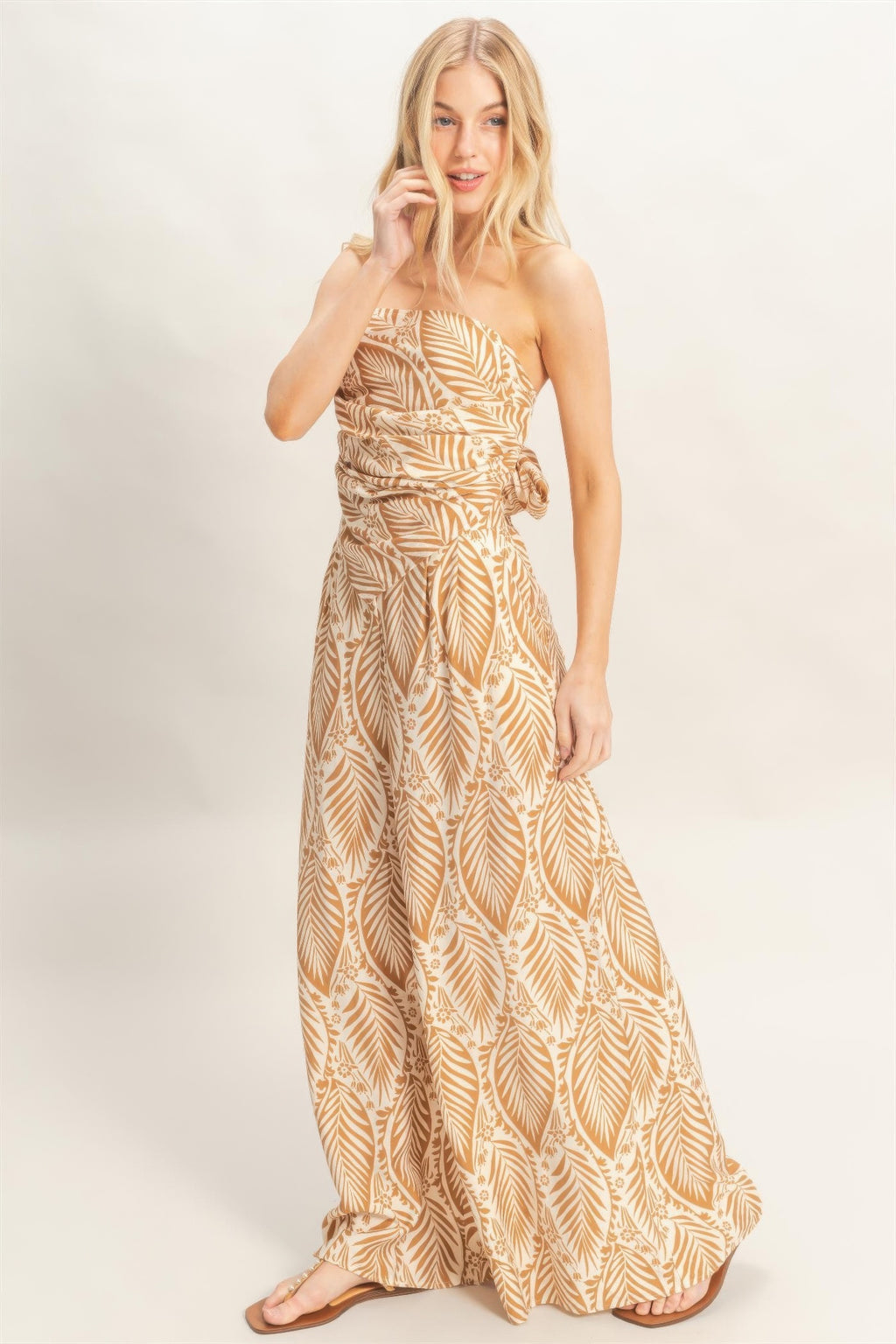 Hyfve Tropical Leave Tube Top Pant Set Wide Leg in Nuetral 2