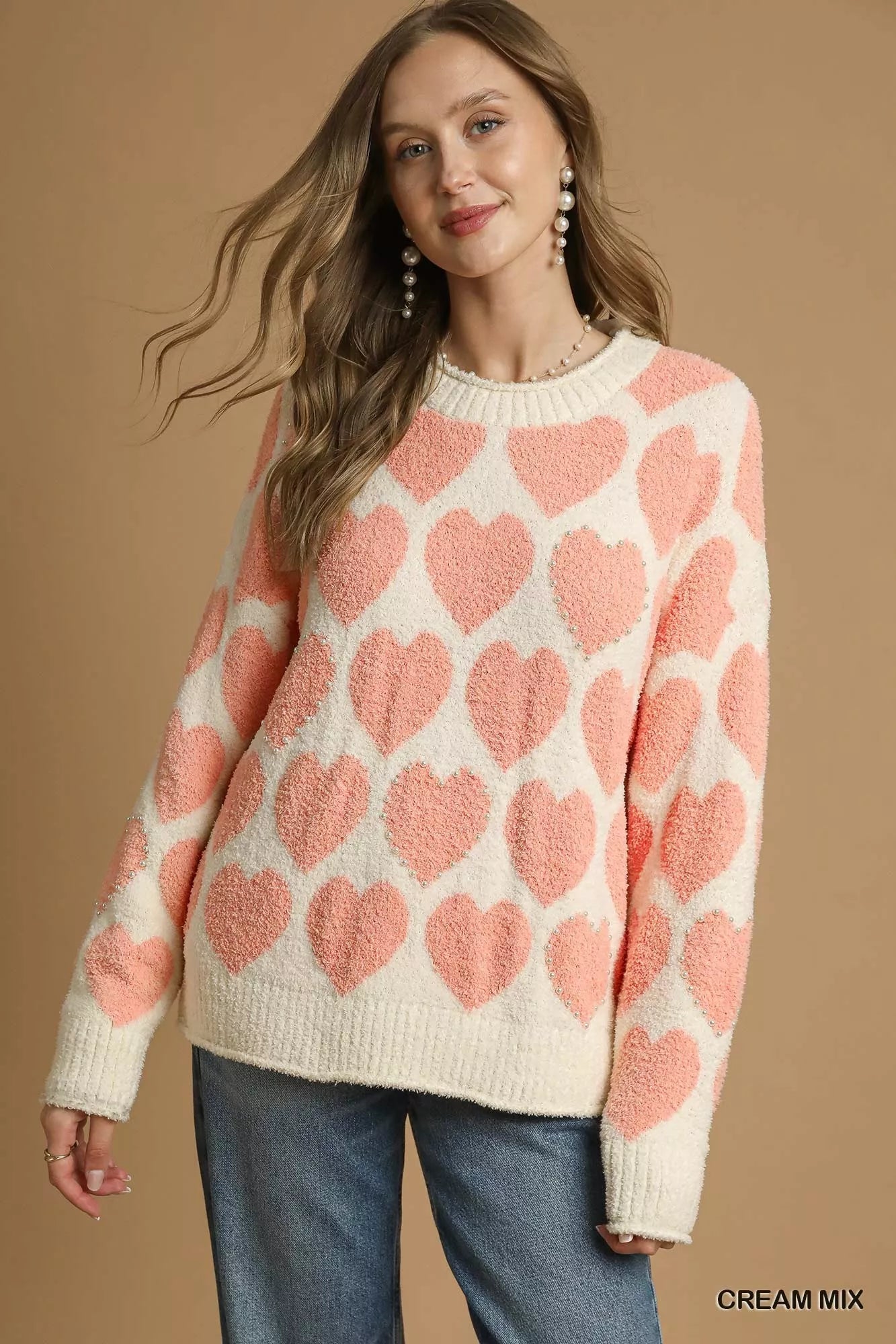 Umgee-cream-oversized-sweater-with-pink-heart-pattern-and-faux-pearl-accents