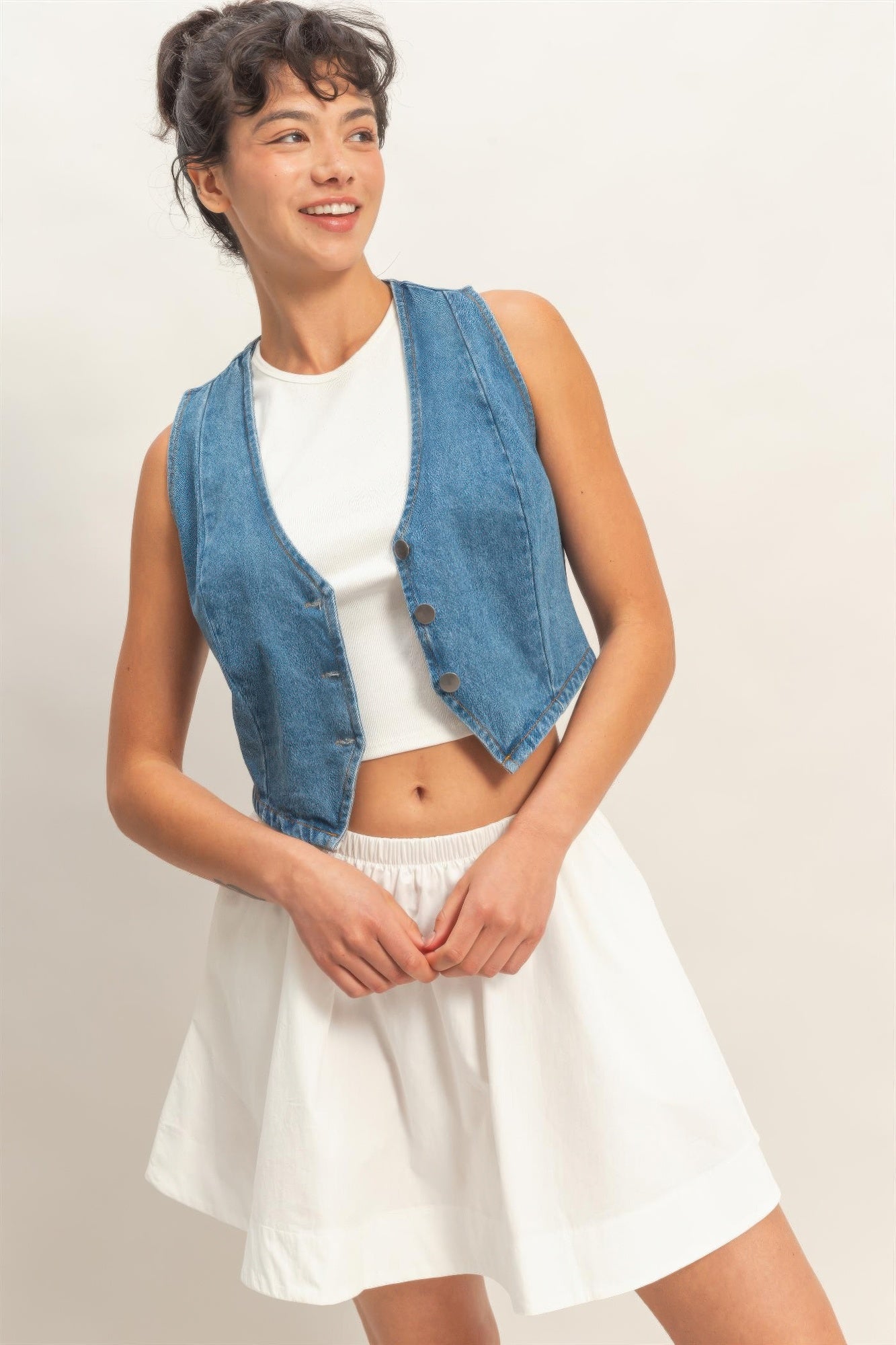 Y2K Style Cropped Denim Vest Top Button Up V-Neck Jean Tank Sleeveless Jacket 3