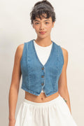 Y2K Style Cropped Denim Vest Top Button Up V-Neck Jean Tank Sleeveless Jacket 1