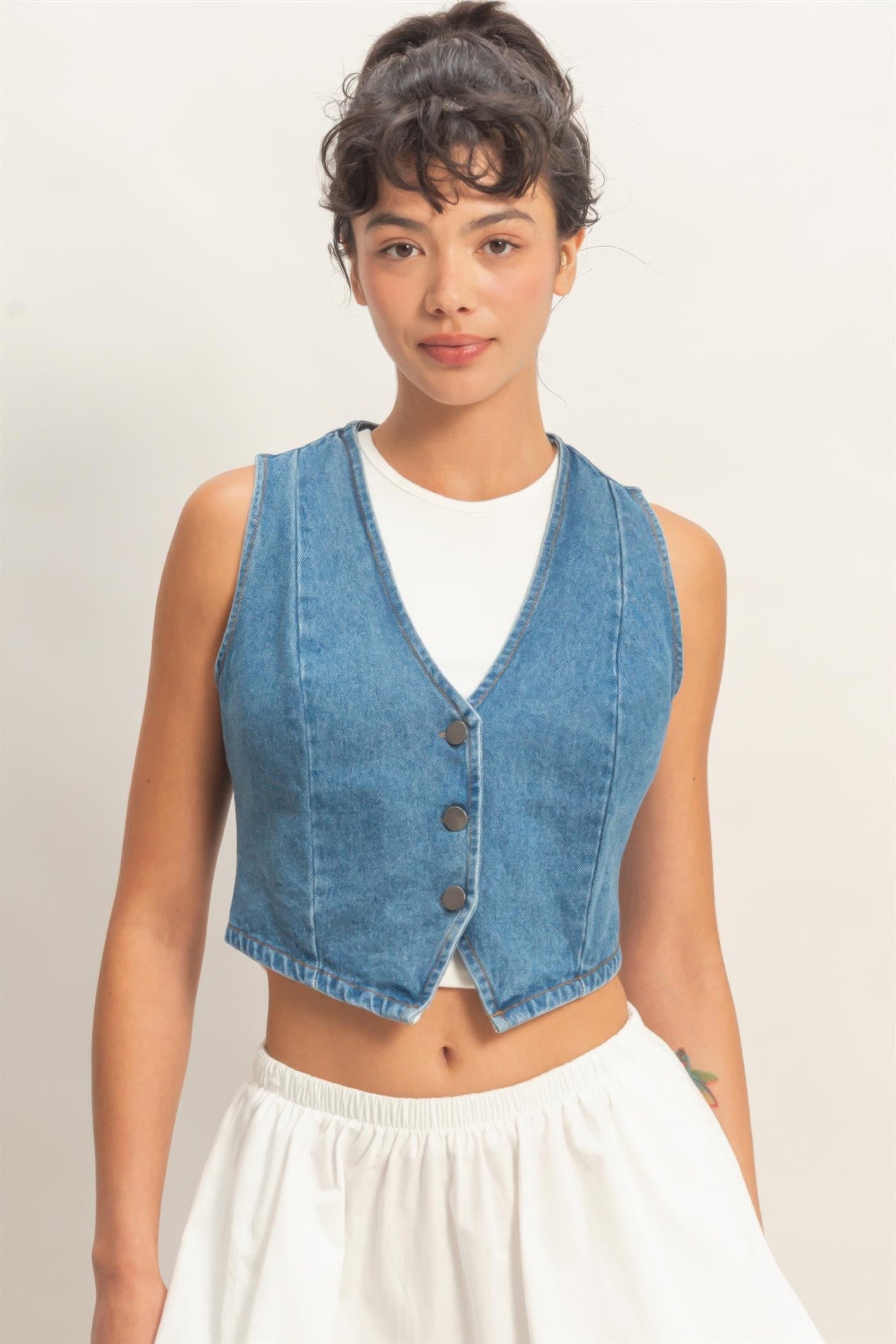 Y2K Style Cropped Denim Vest Top Button Up V-Neck Jean Tank Sleeveless Jacket 1