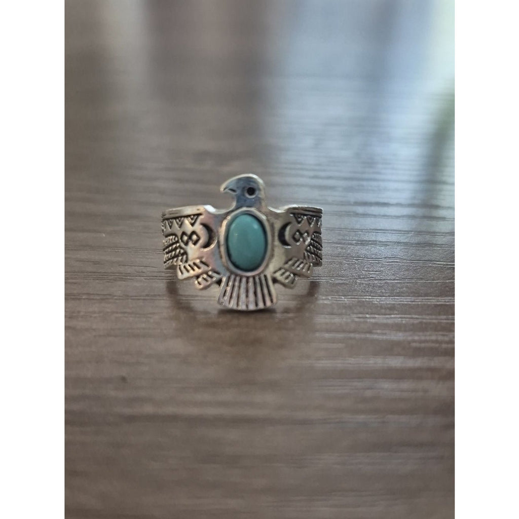 Turquoise Style Round Stone Center Eagle Western Ring - Sz 6.5
