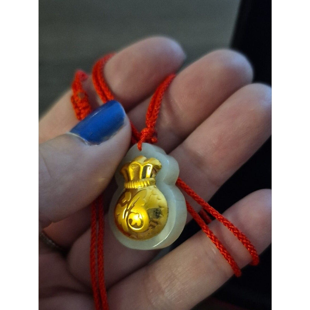 Good Luck Charm Gold Money Bag Hetian Jade Pendant Red Cord 16"