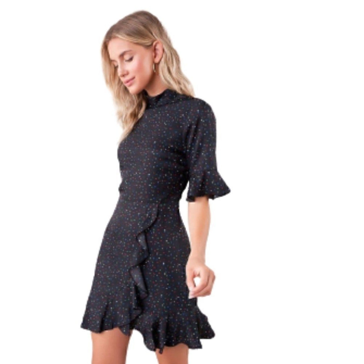 SUGAR+LIPS Star Dotted Ruffled Black Short Sleeve Dress Large (Jr.)