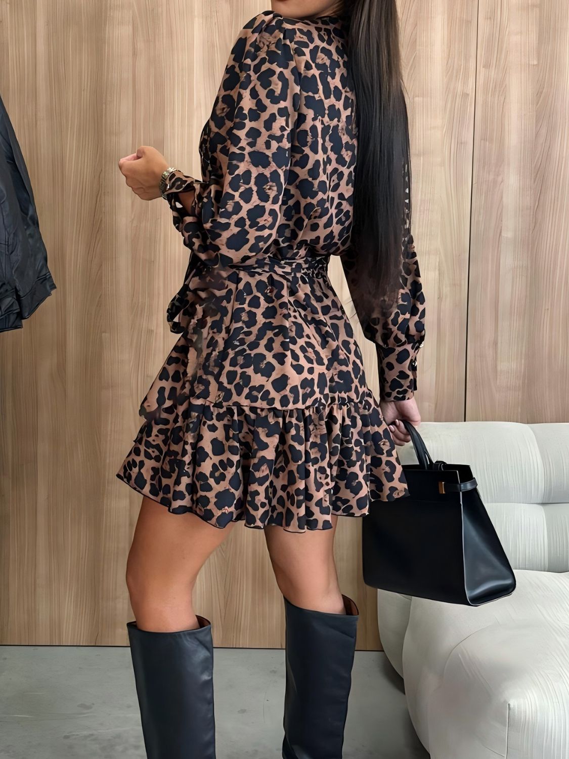Bohemian Sexy Tied Leopard Surplice Long Sleeve Dress