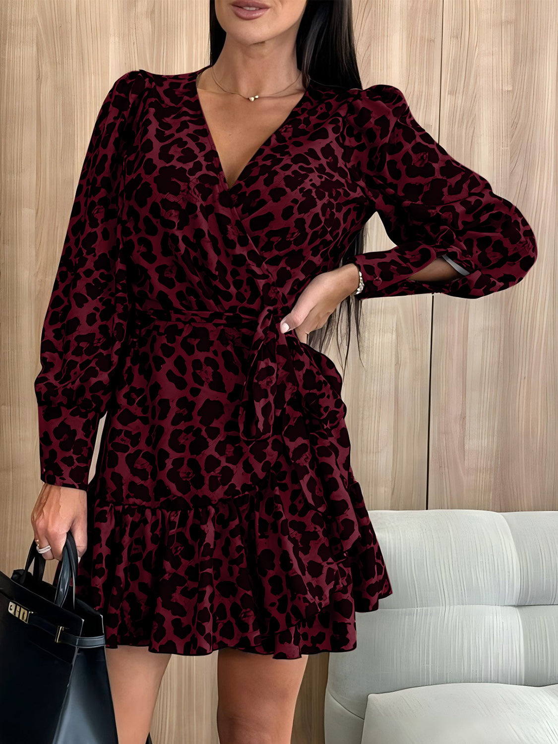 Bohemian Sexy Tied Leopard Surplice Long Sleeve Dress