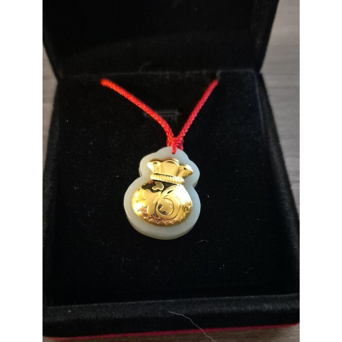 Good Luck Charm Gold Money Bag Hetian Jade Pendant Red Cord 16"