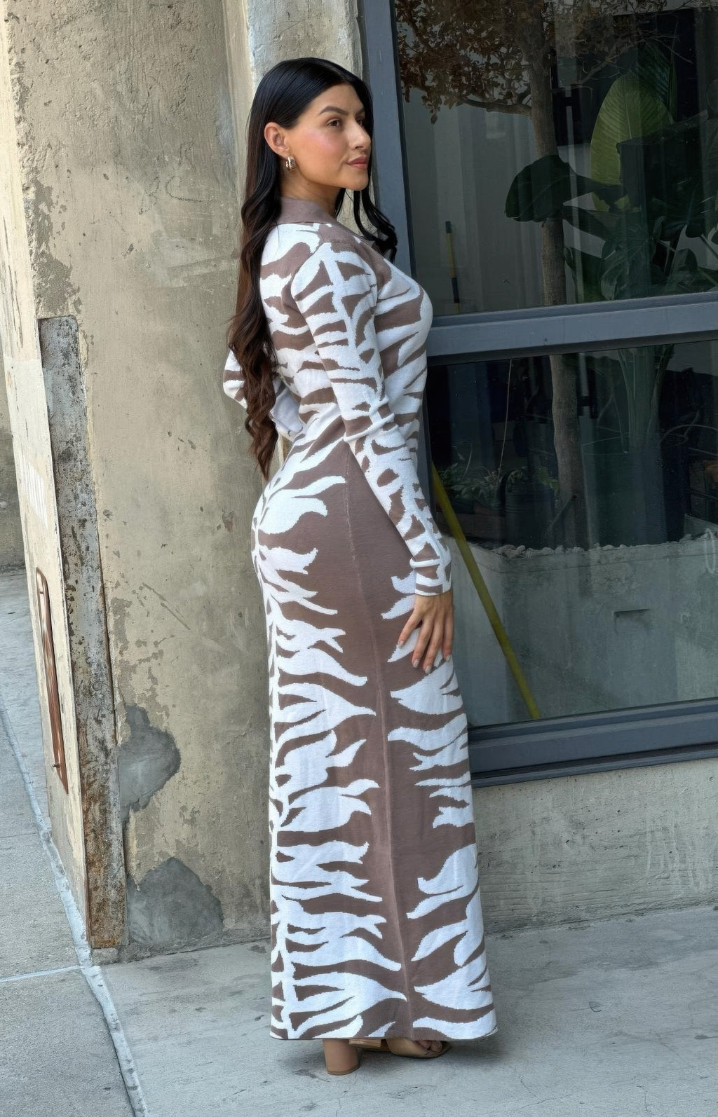 floral vines abstract blue and taupe maxi pencil dress 7