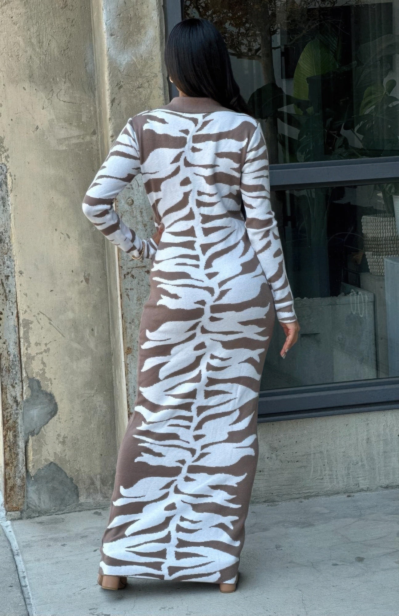 floral vines abstract blue and taupe maxi pencil dress 14