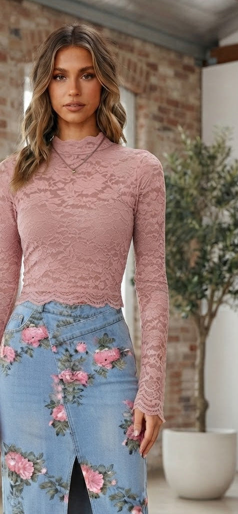 Cute Feminine Mock Neck Floral Lace Long Sleeve Fitted Top