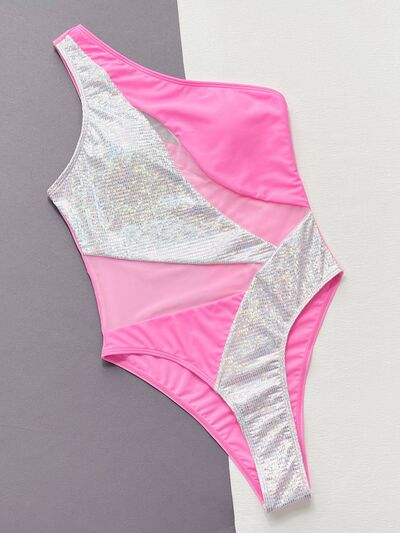 Contrast Silver Panel Mesh Colorblock One-Piece Swimsuit size S, M, L