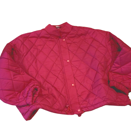 pink puffer coat mock neck snap up detail laid flat