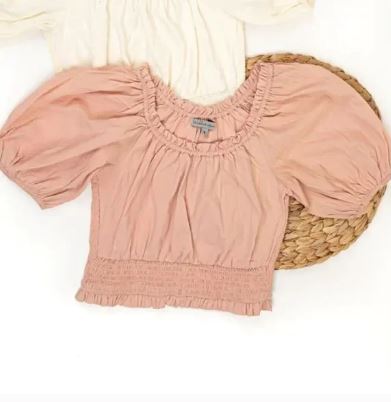 Cropped and Smocked Peasant Top Light Pink