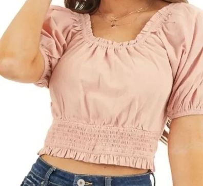 Cropped and Smocked Peasant Top Light Pink